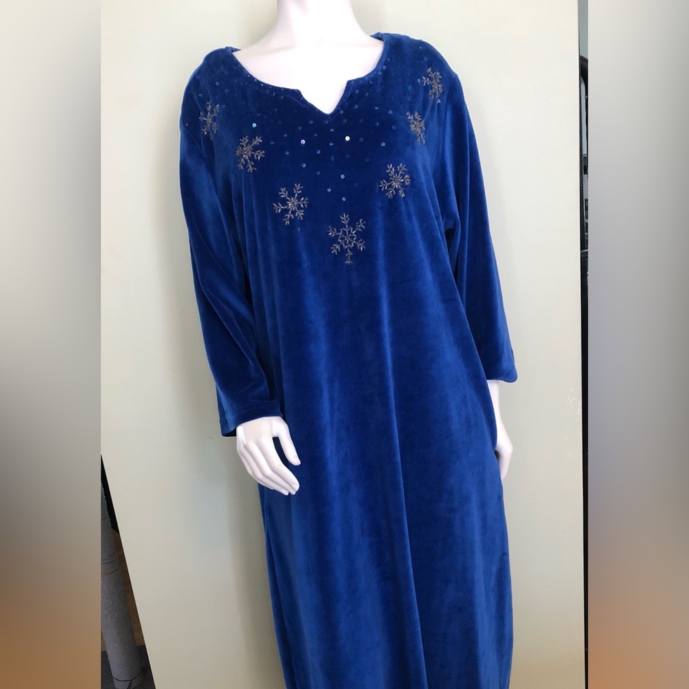 NWT Quacker Factory Velvet House Dress 3/4 Sleeve Snowflakes Bling Blue XL